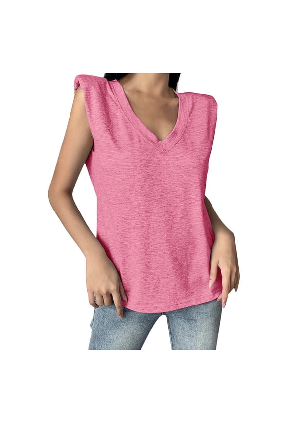 Vetement Femme ete 2025 Ladies Fashion Solid Sleeveless V-neck T-shirt With Shoulder Pad Loose Vest Compression Long Sleeve Women And Shirt Ladies Long Sleeve T Shirts Athletic Wear Women L