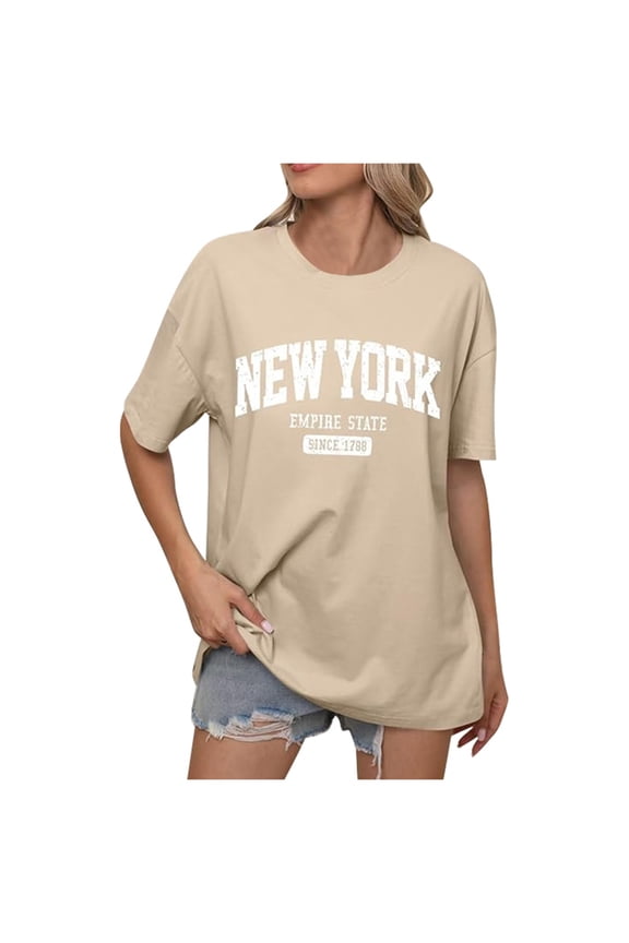 Vetement Femme ete 2025 Ladies' Summer Fashion Casual English Letter Print Loose Shoulder Round Neck Short Sleeved T Shirt Top Casual Fit Top Womens Solid Tee Shirts Womens Tees Log Sleeve T L