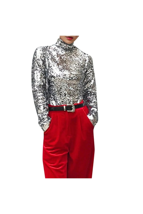 Vetement Femme ete 2025 New European And Bottoming Shirt High Collar All Temperament Sequined Long Sleeved Top Women Short Sleeve Tops plus Size T Shirts Workout T Shirts Women Stretch for XXL