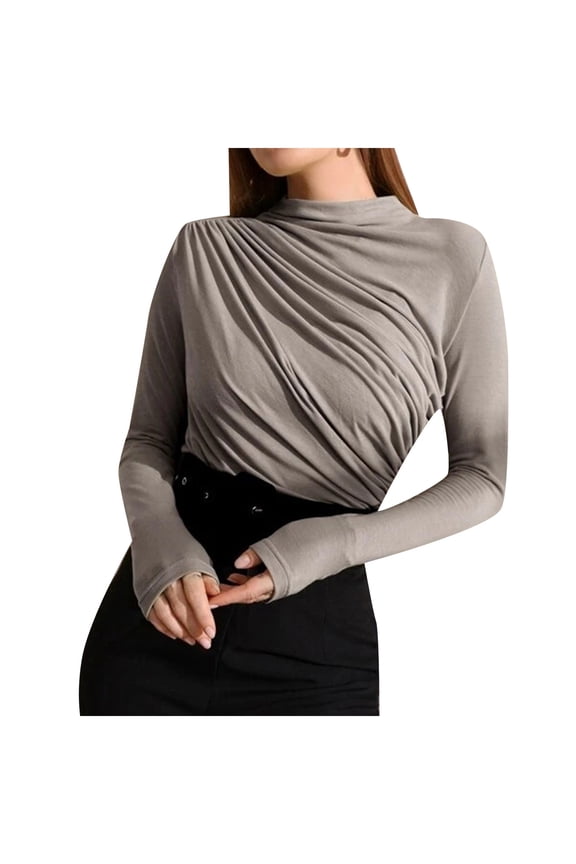 Vetement Femme ete 2025 Stand Collar Ruched Long Sleeve Tee Running Long Sleeve Shirt Women Running Shirt Women Plain Shirts Solid Tee Girls Rayon Tops for L L