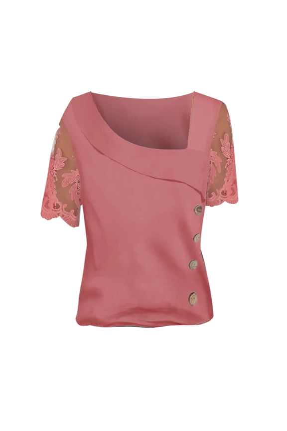 Vetement Femme ete 2025 Summer Fashion Ladies Tops Solid Color Double Layer Slanted Neck Lace Short Sleeves Casual T Shirt Casual Womens Tops Short Sleeve Womens Tee Raglan Sleeve Shirt Women XL