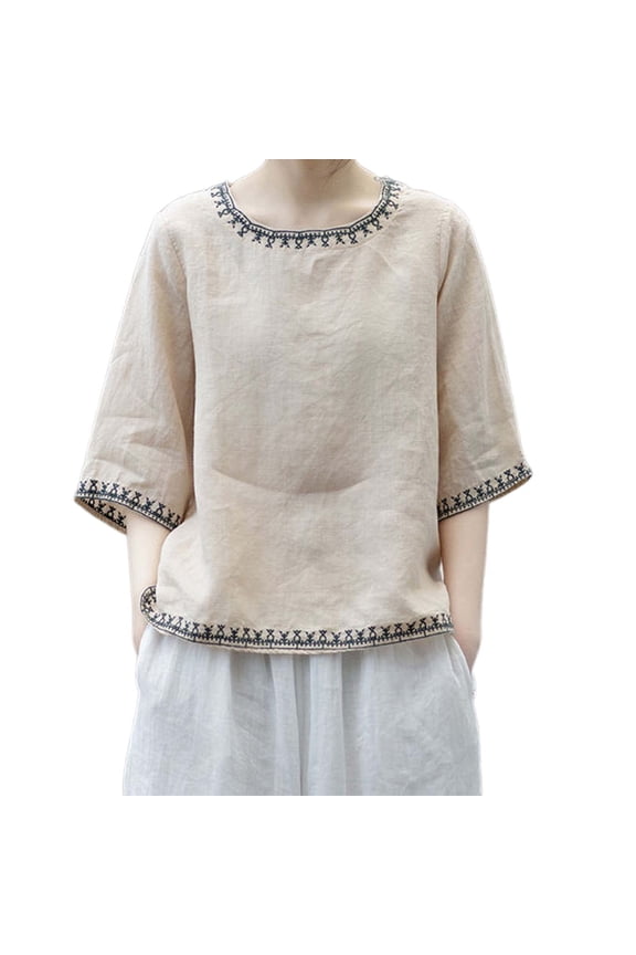 Vetement Femme ete 2025 Vintage Embroidered Linen Round Neck Short Sleeve T Shirt For Women Loose Fit Summer Top Versatile Casual Wear T Shirt Women Summer Shirts Shirts Casual Stretch Loose XXL XXL