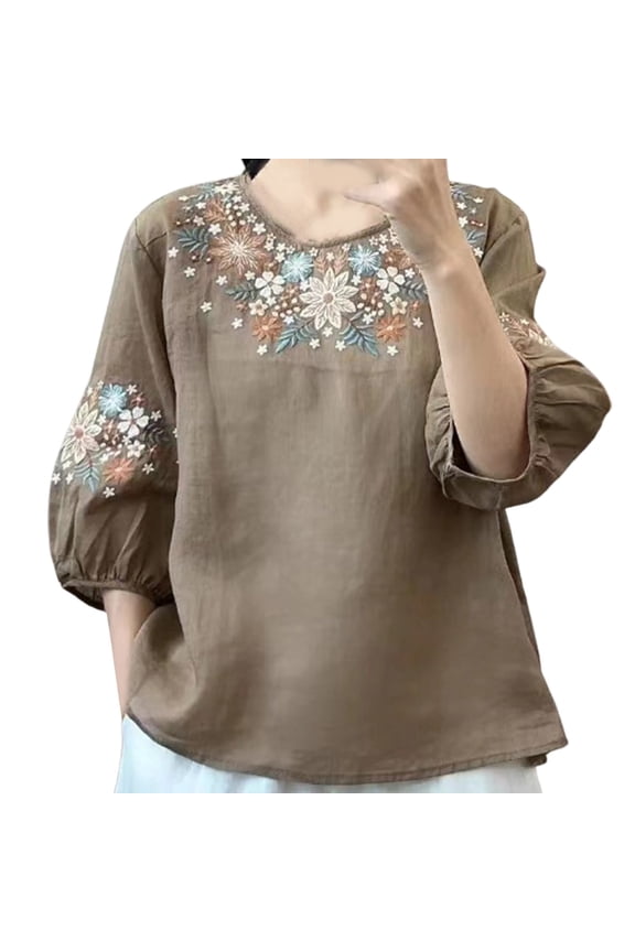 Plus Size Summer Clothes for Women Vintage Linen Blend Half Sleeve Embroidered T Shirt For Women Loose Fit Summer Round Neck Top Womens Neck Shirt Running Shirts Pack plus Size Womens Khaki M