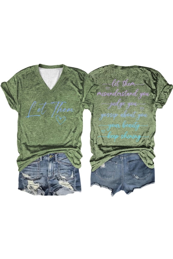 Vetement Femme ete 2025 Women Casual Double Gradient Printed Short Sleeved Let Them Misunderstand You V Neck T Shirt Women Workout Shirt plus Size T Shirts Tech Pack Short Sleeve Casual Tee Big XL