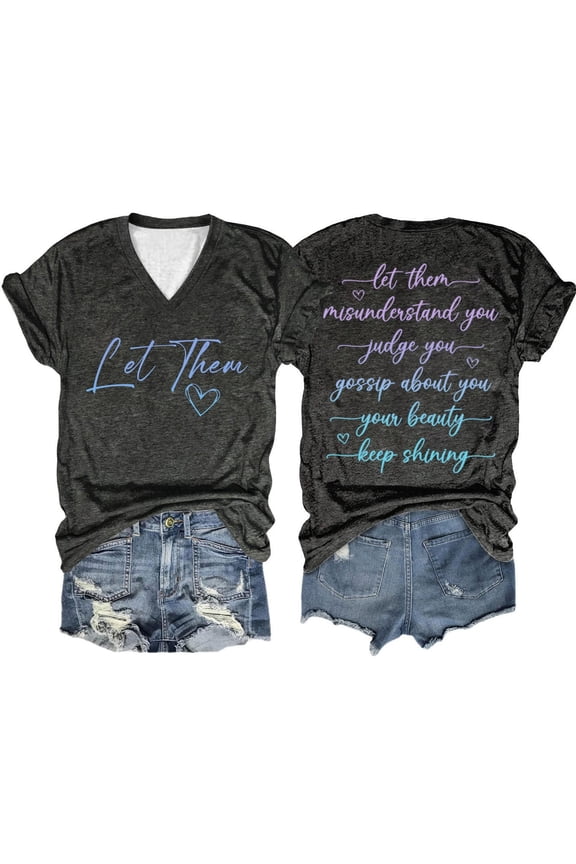 Vetement Femme ete 2025 Women Casual Double Gradient Printed Short Sleeved Let Them Misunderstand You V Neck T Shirt Women Workout Shirt plus Size T Shirts Tech Pack Short Sleeve Casual Tee Big S