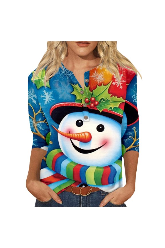 Vetement Femme ete 2025 Women Casual And Fashionable Christmas Printed V Neck Button Up Three Quarter Sleeve Printed Top Comfy Summer Shirts Cute Workout T Shirts Womens Active Short Sleeve L