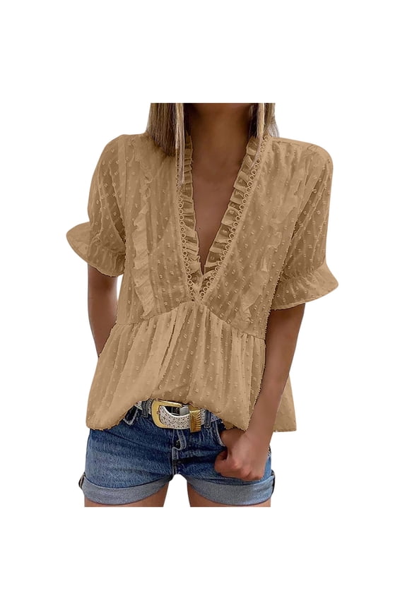 Vetement Femme ete 2025 Women Fashion Short Sleeve Casual T-shir Dot Deep V Neck Pleated Sleeve Top Burnout Tee Shirts Women Long Sleeves Shirts Long Sleeved Tee Miss for Top Loose Womens L L