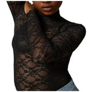 Vetement Femme ete 2025 Women Fashion Solid Casual Sexy Slim Long Sleeve Lace Shirt Bottoming Shirt T Top Womens Polyester Spandex Women Loose Tops Summer Womens Cold Gear Long Sleeve T Shirts M