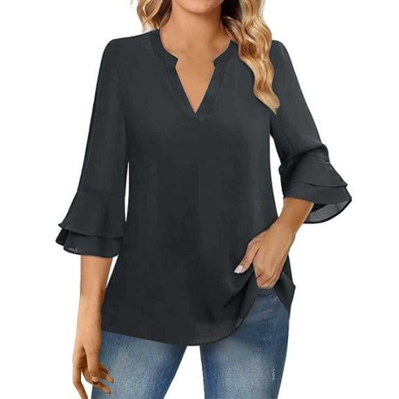 Vetement Femme ete 2025 Women Fashion Solid V Neck Casual Three Quarter Sleeve Pearl Chiffon T Shirt Top Tee Fashion Dry Tee Shirts Women Oversized Tees for Exercise Wear Womens Active Long XXL