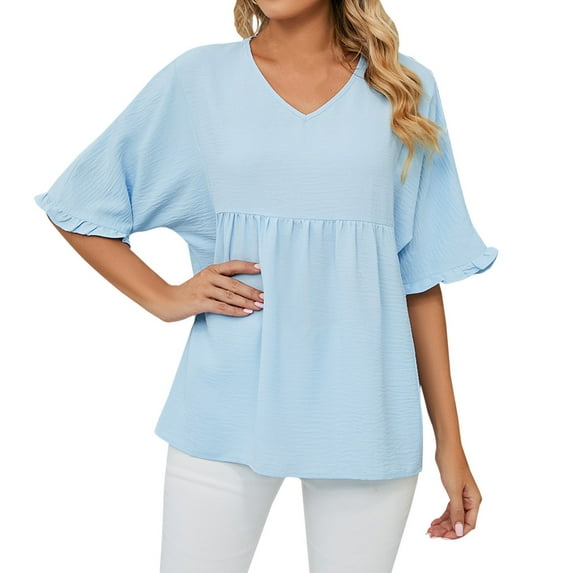 Vetement Femme ete 2025 Women Fashion Summer Short Sleeve V Neck Solid Color Tops Casual T Shirt Woman Shirts Summer Running Shirts Women Loose Fit Athletic Tops Womens Solid Tees Long Sleeve XL