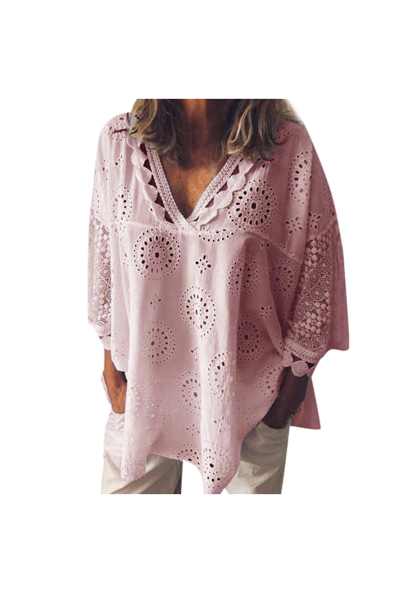 Vetement Femme ete 2025 Women Half Sleeve Linen Hollow Out Lace Patchwork T-Shirt Blouse Tops Womens Oversized Tee Shirts Solid Tee Shirts for Women Long Sleeve Undershirts for Casual Workout XXXXXL