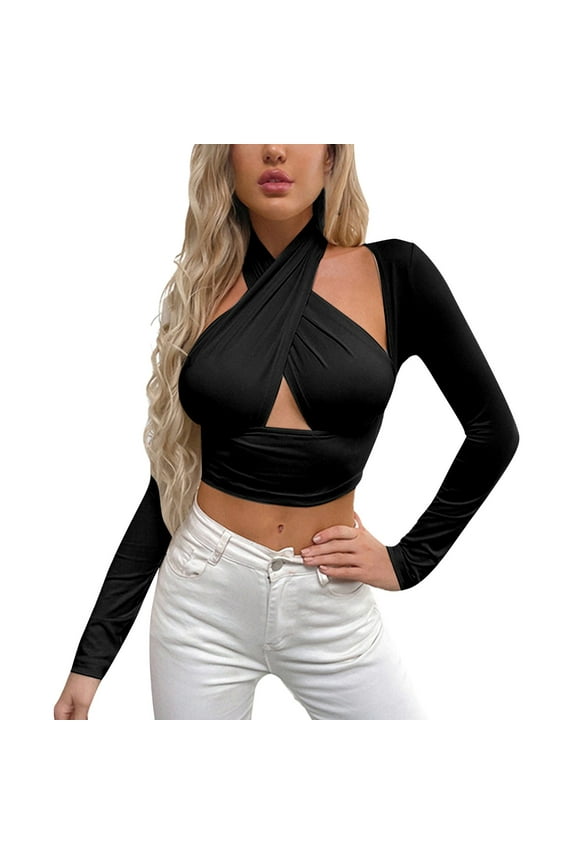 Vetement Femme ete 2025 Women Neck Crop Vest Tops Long Sleeve Front Cutout Wrap Tops Solid Color Buckle Trashier Shirts Athletic Wear for Women Solid Shirt Long Exercise Shirts Workout Shirt S