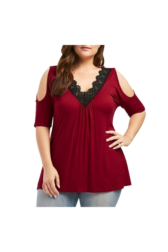 Vetement Femme ete 2025 Women Solid Color Strapless Stitching Lace V-Neck Plus Size Top Short Sleeve Shirts Women Long Sleeve Shirts for Workout Shirt Woman T Shirt Short Long for Dark XXXL XXXL