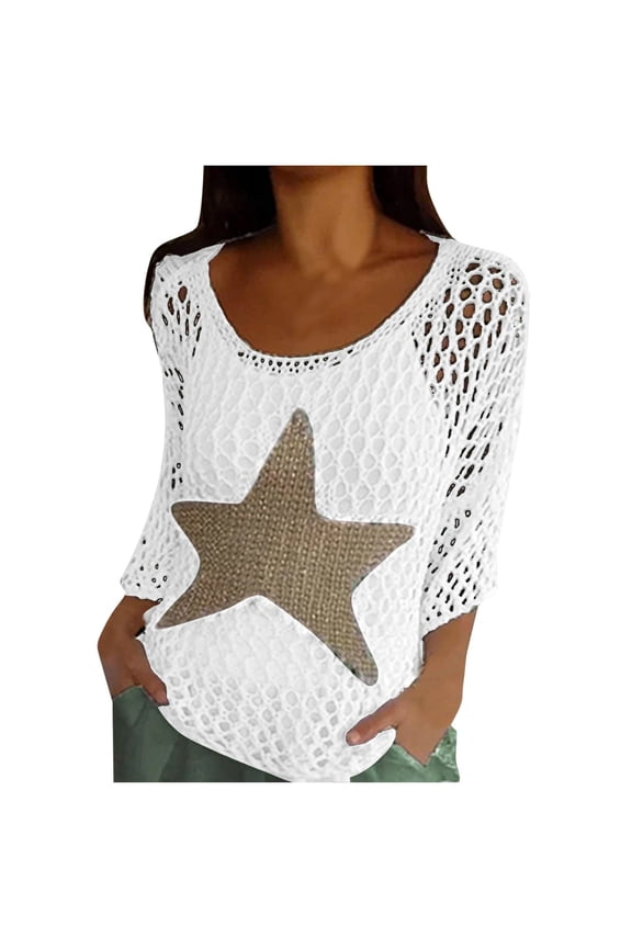 Vetement Femme ete 2025 Women Summer Fashion Three Quarter Sleeves Sweater Round Neck Star Decorate Sweater Top Long Sleeve T Shirt Women Pack Neck Long Sleeve Tops for Tee Shirts Loose Fit L