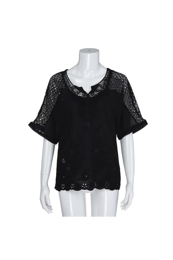 Vetement Femme ete 2025 Women Summer O-Neck Short Sleeve Hollow Out Solid Casual Blouse Top T-Shirt Tops Loose Womens Long Sleeve Shirts for Layering Work Shirt Women T Shirt Miss Long Shirts XXL