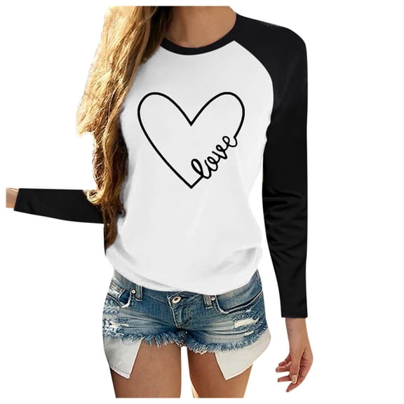 Vetement Femme ete 2025 Women Valentine's Day Casual Long Sleeve O Neck Heart-shaped Top Spandex Women Long Sleeve Workout Tee Shirts Short Shirt Burnout Tee Shirts for Striped Short for XXL XXL