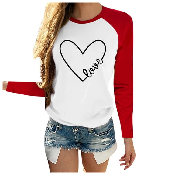 Vetement Femme ete 2025 Women Valentine's Day Casual Long Sleeve O Neck Heart-shaped Top Spandex Women Long Sleeve Workout Tee Shirts Short Shirt Burnout Tee Shirts for Striped Short for XL XL