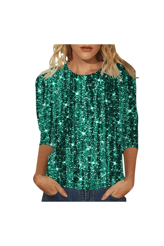 Vetement Femme ete 2025 Women's Casual Crew Neck Carnival Sequin Effect 3/ 4 Length Sleeve T Shirts Apparel Tee for Women T Shirts Short Sleeve Loose Fit Long Cheer Shirt Womens Short Women's L L