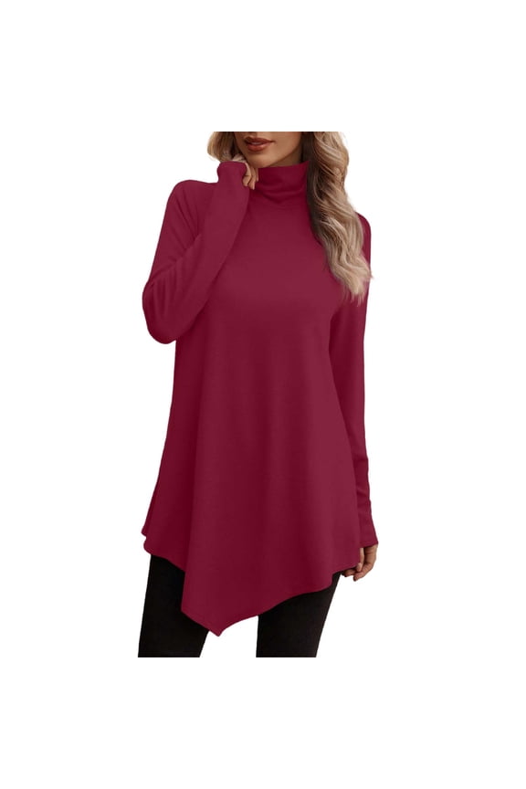 Vetement Femme ete 2025 Women's Casual Solid Long Sleeve High Neck Pullover Sweatshirt Irregular Hem Athletic Top Woman's Summer Tops Running Top Women Small Long Sleeve Shirt Cheer Shirt T S S