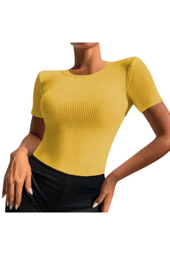 Vetement Femme ete 2025 Women's Elastic Solid Color Round Necked Short Sleeved Knitted Overcoat Oversized Tee Shirts for Women Casual Shirts for Women T Short Sleeve Long Sleeves Tech Pack Long M M