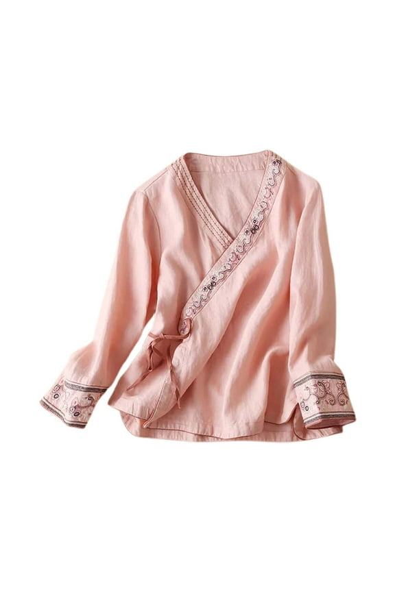 Vetement Femme ete 2025 Women's Ethnic Style Linen Embroidered Top Loose Fit Vintage Clothing Opaque Shirts for Women Oversized Tee Shirts for Women Running Tops Ling Sleeve Shirt Tops Casual M