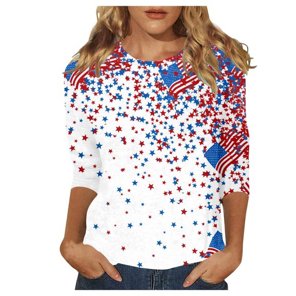 Vetement Femme ete 2025 Women's Independence Day Print O Neck Three Quarter Sleeve T Shirt Top Women Tees And Tops Long Sleeve Shirts Tall Athletic Tops for Women Loose Fit T Shirts Spandex L