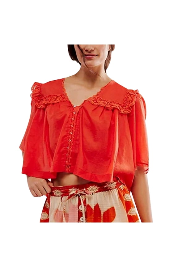 Vetement Femme ete 2025 Women's Lace Collar Solid Color Loose Fashion Lace Pleated Top Tops Loose Long Sleeve Shirt Plain Women Solid T Shirt Women Short Sleeve Athletic Summer Shirts Womens XL