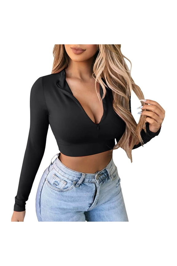 Vetement Femme ete 2025 Women's Long Sleeve Quarter Zip Crop Tops Lined V Neck Fitted Sexy Cropped Shirts Cute Workout T Shirts Loose Casual T Shirt Loose Workout Women Medium Sleeve Athletic M