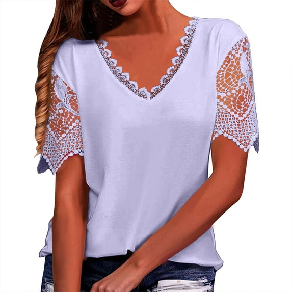 Vetement Femme ete 2025 Women's Loose V Neck T Shirt Shirt With Lace Stitching Casual T Shirts for Women Compression Shirts Women Long Sleeve And Set for Long Sleeve Loose Fit Sleeves L L