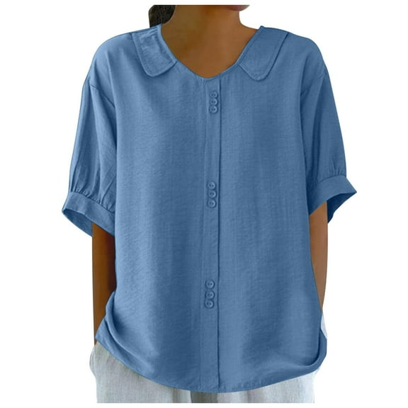 Vetement Femme ete 2025 Women's Retro Fashion Solid Color Loose Casual Turndown Neck Button Shirt Summer Short Sleeved T Shirt Tops Turtleneck Women Long Sleeve Valentines Day Shirts for Women XXL