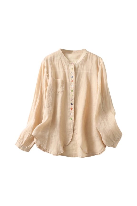 Vetement Femme ete 2025 Women's Retro Linen Shirt Plus Size Solid Color Buttons Stand Asymmetrical Top Casual Fit Top Women T Shirt Long Sleeve Loose Womens Tops Our Womens Long Sleeve T Tops L