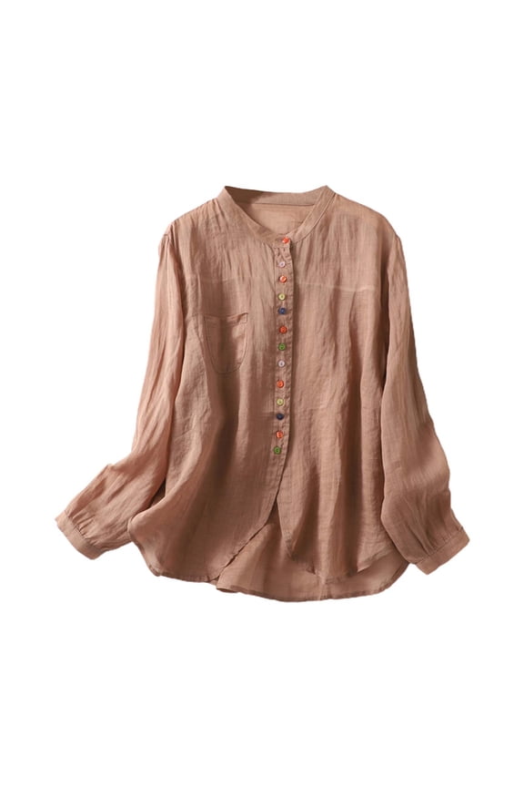 Vetement Femme ete 2025 Women's Retro Linen Shirt Plus Size Solid Color Buttons Stand Asymmetrical Top Casual Fit Top Women T Shirt Long Sleeve Loose Womens Tops Our Womens Long Sleeve T Tops M