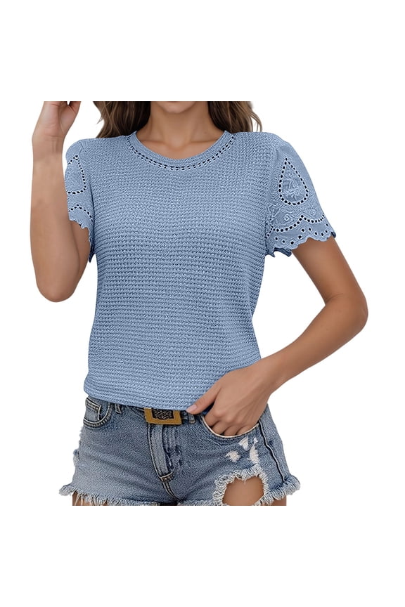 Vetement Femme ete 2025 Women's Round Neck Lace Trimmed Style Solid Short Sleeve T Shirt Workout Tee Shirts Women Workout Shirts Women Athletic Tops for Loose Fit Dark Shirt Cold Gear Womens S