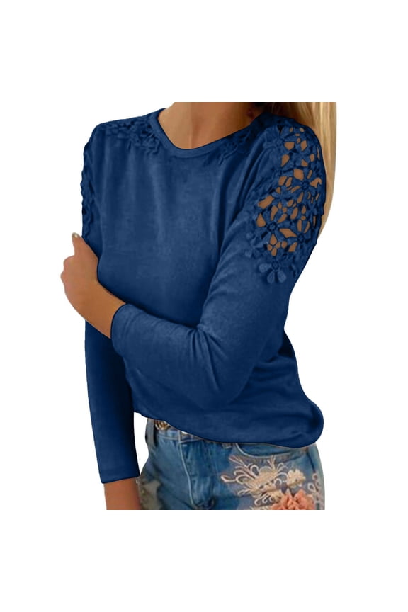 Vetement Femme ete 2025 Women's Round Neck Solid Color Hollow Stitching Long Sleeved T Shirt Features: Long Sleeve Summer Shirt Summer Tops for Women Casual T Shirts Short Sleeve for Women S