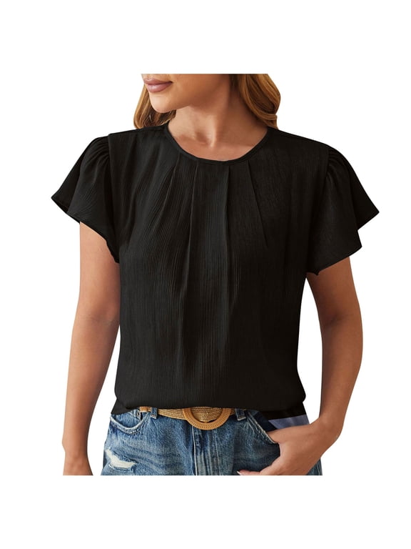 Vetement Femme ete 2025 Women's Spring/ Summer New Round Neck Fashion Petal Sleeve Loose Top Women Top New Women T Shirts Womens Neck Long Sleeve Thermal Shirts Tech Stretch Plain Tees for Long S
