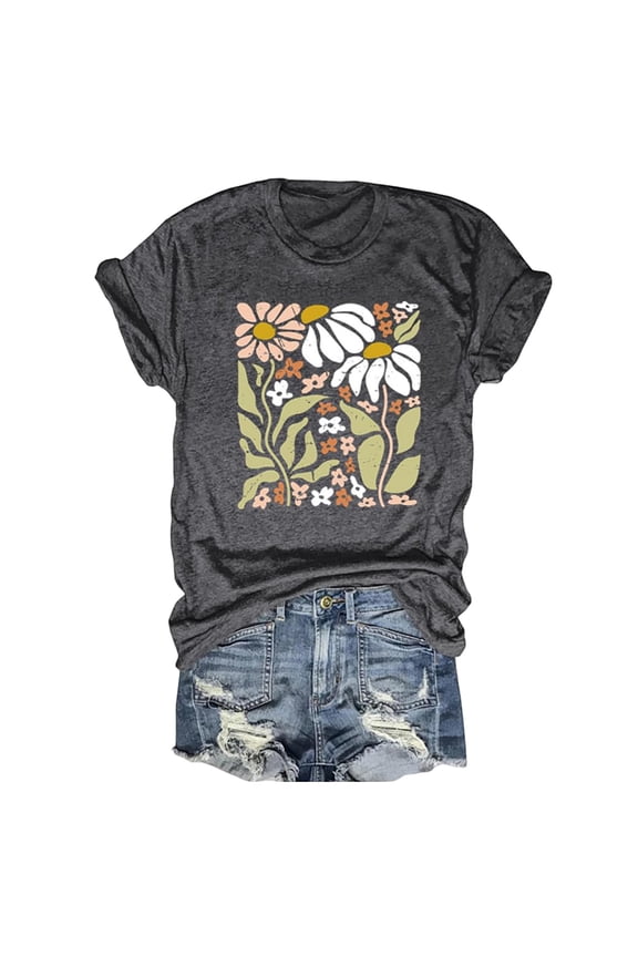 Vetement Femme ete 2025 Women's Summer Casual Vintage Boho Music Festival Extended Floral Print Crew Neck Short Sleeved T Shirt Casual Shirts for Women Long Sleeve T Shirt Tee Loose Womens XL