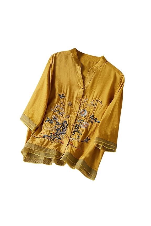 Vetement Femme ete 2025 Women's Summer Chinese Embroidery Cardigan Top Retro Art Heavy Industry T Shirt Womens Summer Tops Women T Shirt Opaque Shirts for Women Tennis Shirts Short Sleeve Tee XL