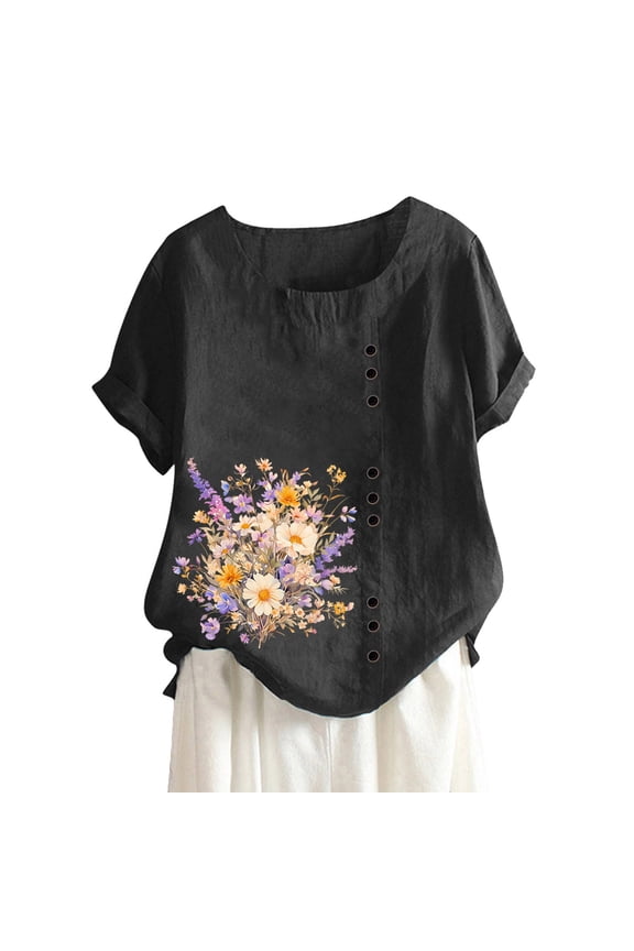 Vetement Femme ete 2025 Women's Summer Comfort Linen Round Neck Short Sleeve With Button Flower Print T Shirt Top Casual Short Sleeve Tops Women Spandex Long Shirt Women Shirts Summer 2 T Top XXXL