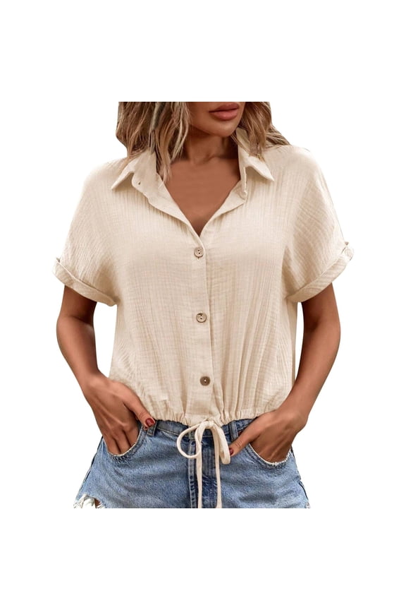 Vetement Femme ete 2025 Women's Summer New Solid Color Button Up Cardigan With Tie Up Short Sleeves Size Small Womens Tops Tops Women Casual Womens Workout Loose Fit Small Thick Long Sleeve S
