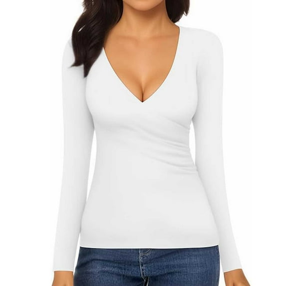 Vetement Femme ete 2025 Women's Wrap Ruched Sexy Deep V Neck Slim Fit Long Sleeve Lined T Shirt Tunic Tops Tee Loose Fit Turtle Tees Women T Shirts Casual Short Sleeve Shirt Women Tech Shirts XL