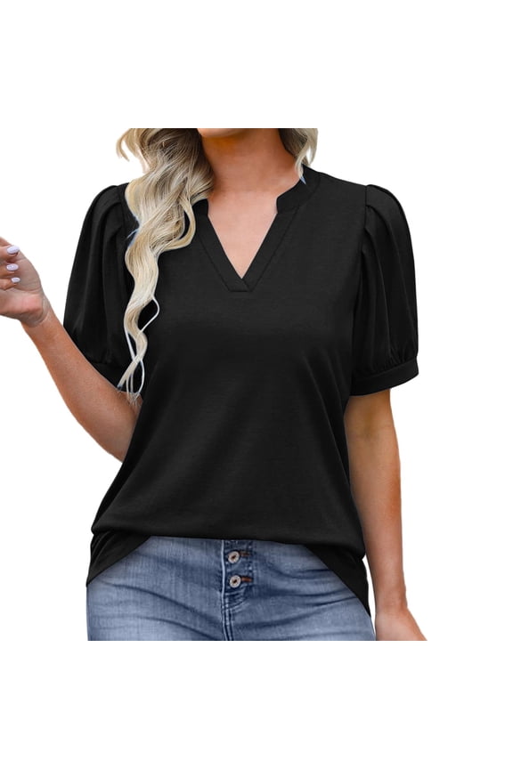 Vetement Femme ete 2025 Womens Pleated Puff Sleeve Tops Summer V Neck T Shirts Loose Blouses Dressy Casual plus Size Womens Turtleneck Long Sleeve Women Shirts Size Medium Women's Layering Tees M