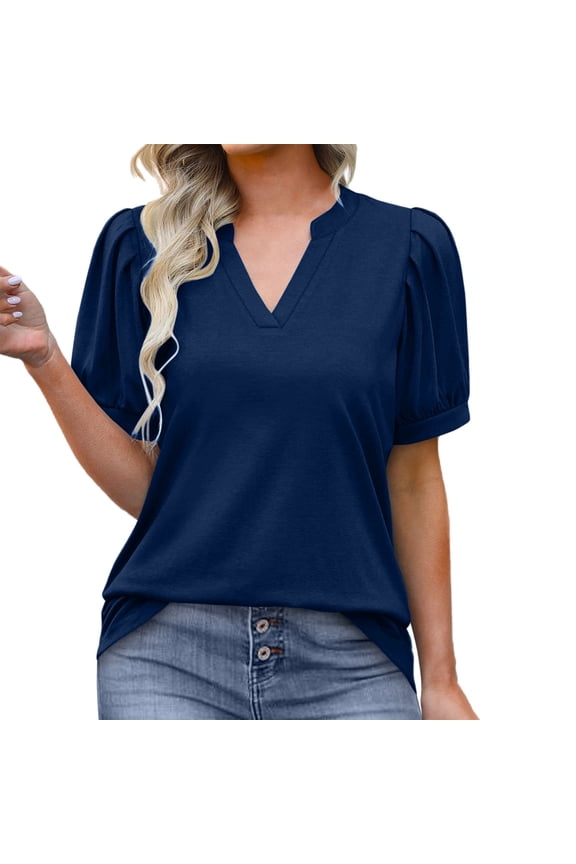 Vetement Femme ete 2025 Womens Pleated Puff Sleeve Tops Summer V Neck T Shirts Loose Blouses Dressy Casual plus Size Womens Turtleneck Long Sleeve Women Shirts Size Medium Women's Layering Tees M