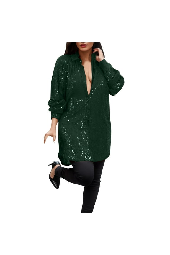 Vetement Femme ete 2025 Womens Sequins Mini Dress Sparkly Button Down Blouse Tunic Shirts Plus Size Sexy V Neck Long Sleeve Shirt Dresses Spandex Long Sleeve Shirt Tech T Shirts Women Sleeved XL