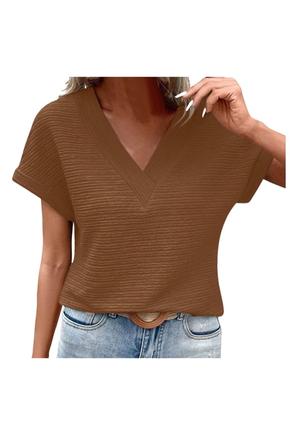 Vetement Femme ete 2025 Womens Short Sleeve Textured Tops Summer Casual V Neck Solid Loose Basic T Shirts Short Sleeve Tops for Women Summer Compression Shirt Women Long T Shirts Polyester M