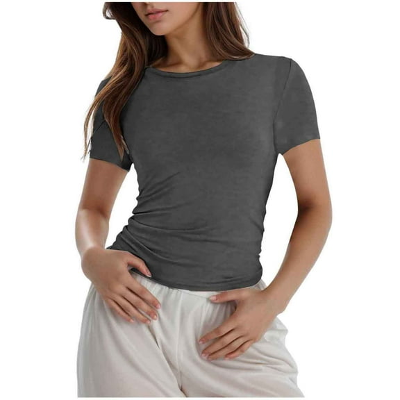 Vetement Femme ete 2025 Womens Trendy Slim Short Sleeve Basic Sexy Slim Bottom T Shirt Tops Tees Tops for Women Long Sleeved Tees for Women Compression Long Sleeve Shirts Summer Running Shirts XL XL
