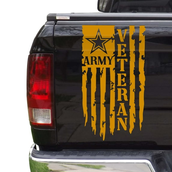 Veteran Army Retired Distressed American USA US Flag Truck Tailgate Vinyl Decal Compatible with most Pickup Trucks - U.S. Army Sticker USAF USMC US Navy Decal (11" x 20", Golden Yellow)
