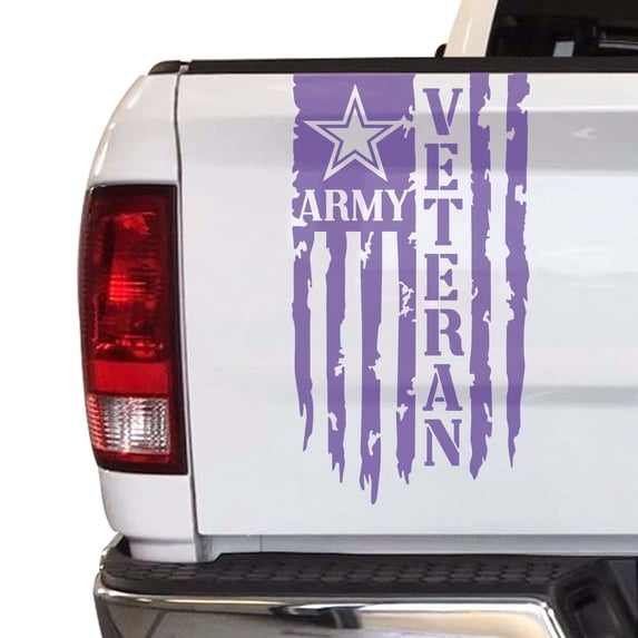 Veteran Army Retired Distressed American USA US Flag Truck Tailgate Vinyl Decal Compatible with most Pickup Trucks - U.S. Army Sticker USAF USMC US Navy Decal (11" x 20", Lavender)