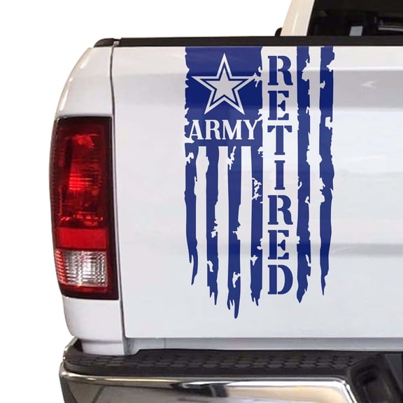 Veteran Army Retired Distressed American USA US Flag Truck Tailgate Vinyl Decal Compatible with most Pickup Trucks - U.S. Army Sticker USAF USMC US Navy Decal (11" x 20", Cobalt Blue)