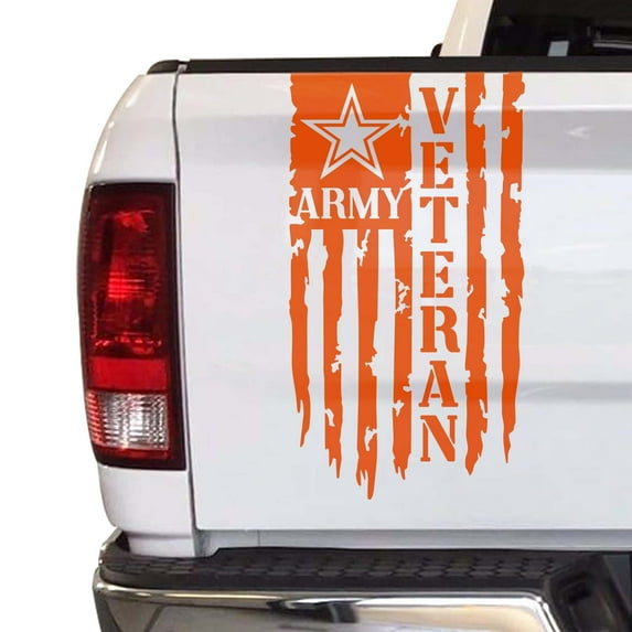 Veteran Army Retired Distressed American USA US Flag Truck Tailgate Vinyl Decal Compatible with most Pickup Trucks - U.S. Army Sticker USAF USMC US Navy Decal (11" x 20", Orange)