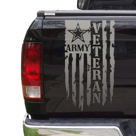 Veteran Army Retired Distressed American USA US Flag Truck Tailgate Vinyl Decal Compatible with most Pickup Trucks - U.S. Army Sticker USAF USMC US Navy Decal (11"x20", Silver Gray (Metallic))